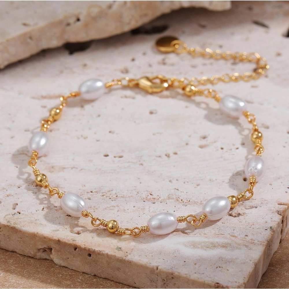 14 Gold Plated & White Pearl Beaded Bracelet - Elegant Women’s Jewelry